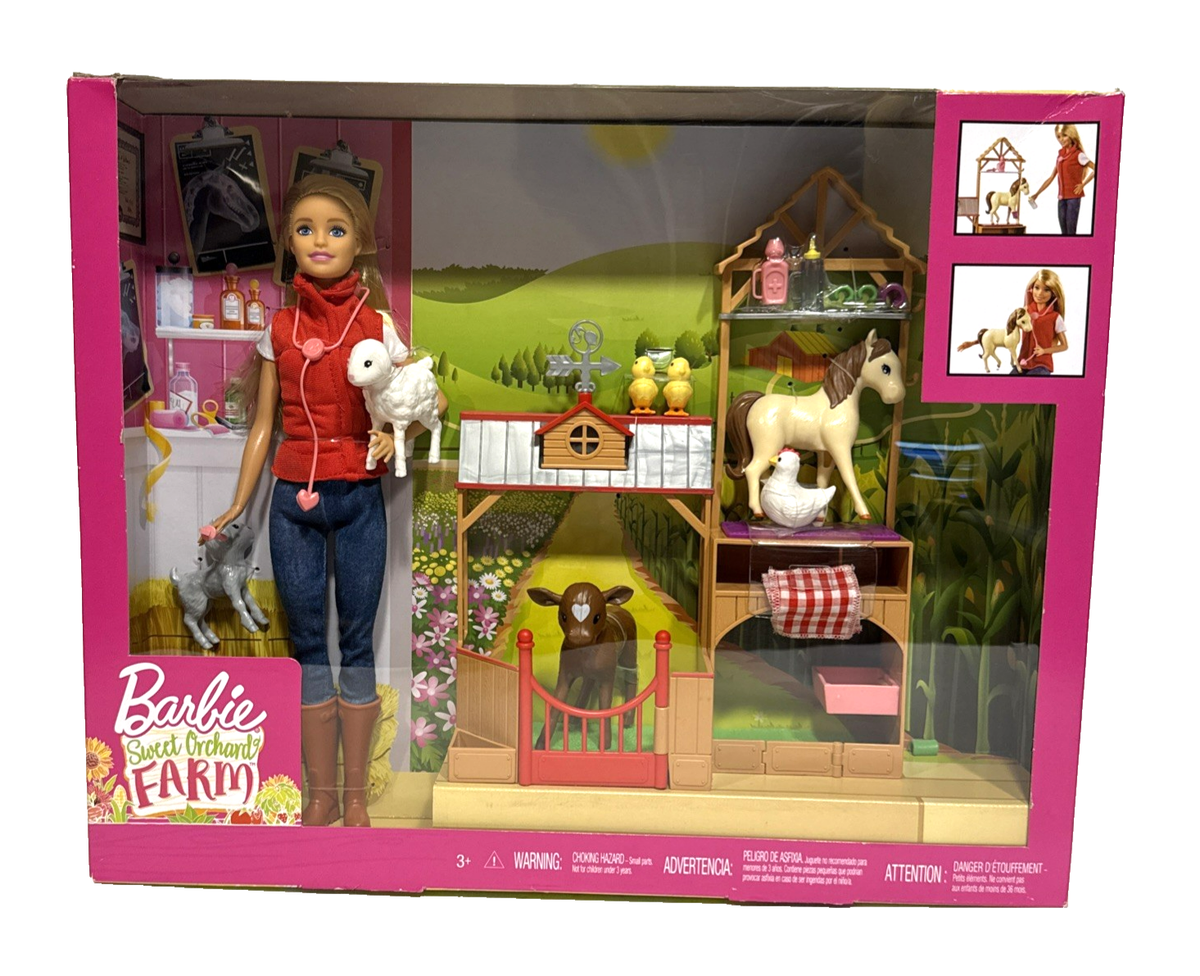 New Barbie Sweet Orchard Farm Vet Playset with Animals and Accessories