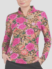 IBKUL Golf Tennis 1/4 Zip Pullover Top Leopard/Floral Long Sleeve UPF 50 XS