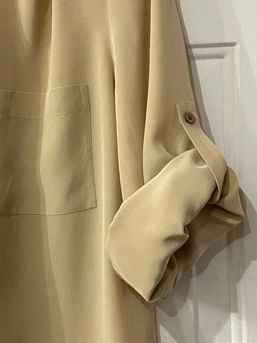 Ann Taylor Silk Sz 14 (L) Blouse Tunic Popover Roll Up Long Sleeve Beige Pocket - Picture 9 of 12