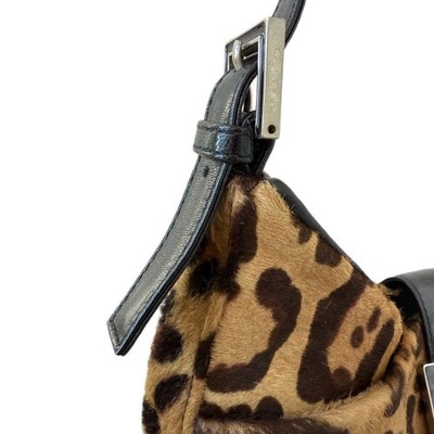 FENDI Baguette Pony Hair Calf Leather Leopard Shoulder Bag Brown
