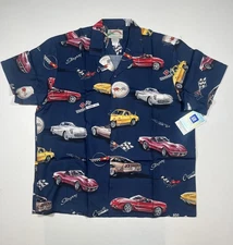 New Paradise Found Corvette Shirt Mens XL Blue Hawaiian Aloha Car Print GM USA
