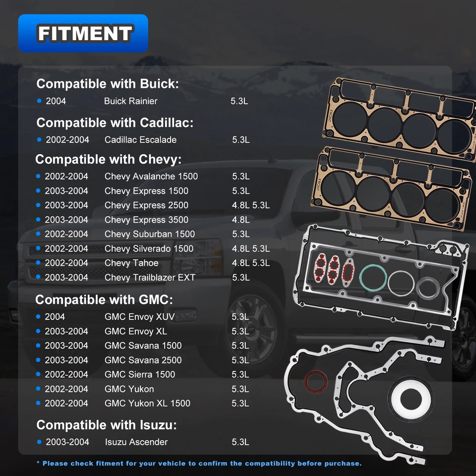 Conjunto de junta de cabeça com parafusos para 2002-2011 Chevy GMC Buick Cadillac 4.8L 5.3L ES72173 - Imagem 3 de 4