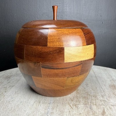MCM Patchwork Wooden Apple Trinket Decor Jar W/ Lid 6  Tall Handmade Decor 