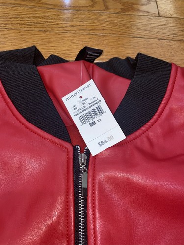 Ashley Stewart Women's Faux Leather Bomber Jacket 22 Plus Red Black Trim Ruffles - Picture 4 of 6