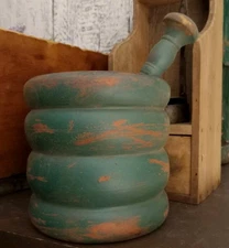 Antique Primitive Wooden Mortar And Pestle Green Over Red Paint Kitchenware 