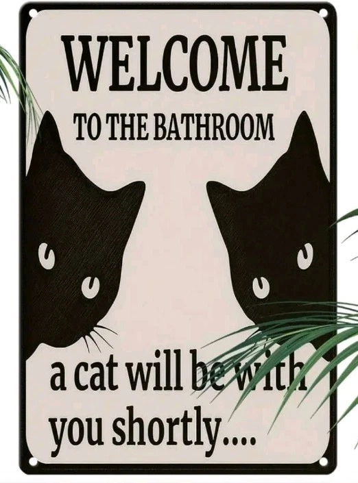 Divertido letrero de baño de gato negro con estampado de metal bienvenido un gato estará contigo Foto 2 de 4