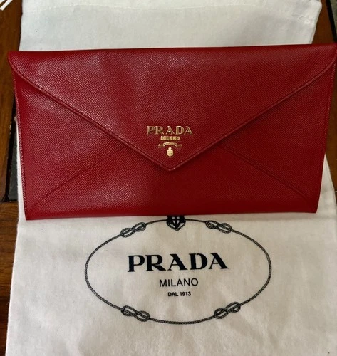 Prada Saffiano Red Metal Leather Envelope Wallet Dust Bag & Chain Included