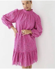 J. Crew Pink Lace Dress Ruffle Neck Puff Sleeve mini dress size 2X
