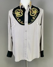 Vintage 1940s 50s Western Shirt Gabardine Chainstitch Rainbow Floral Two Tone