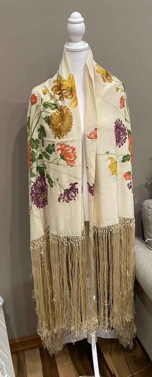Vintage Hand Painted Silk Piano Shawl With Long Fringe Edges