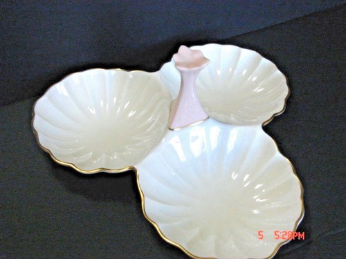 VTG Lenox 3 Section Condiment /Nut /Candy Dish Salmon & Ivory Beige w/Gold Trim - Picture 7 of 7