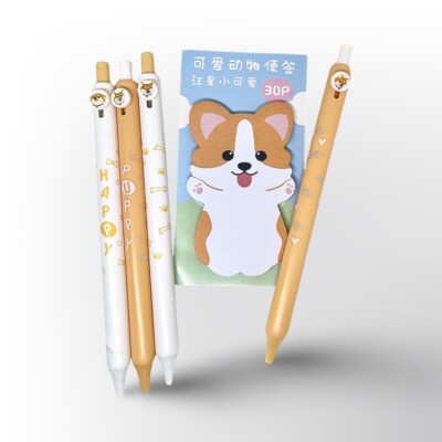 Adorable Corgi Themed Pen Set with Sticky Corgi Note Pad
