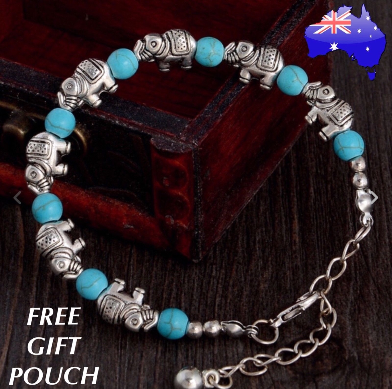 Elephant Turquoise Stone Beads Silver Charm Bracelet Bangle Boho Women’s Gift
