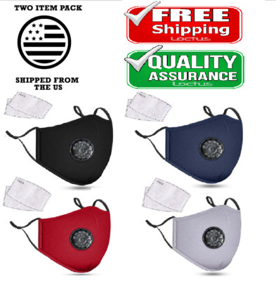 2-pcs Reusable Washable Cloth Face Mask with Air Port and 2 PM2.5 Carbon Filters