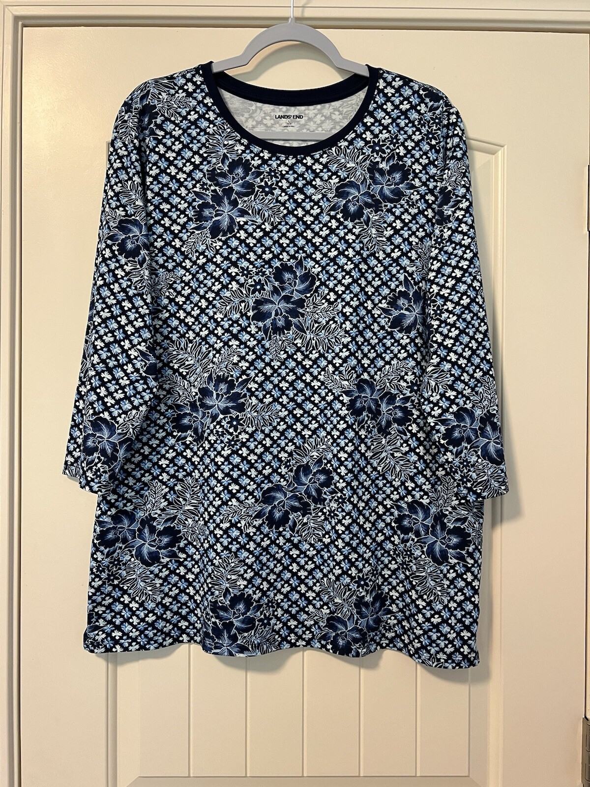 Lands End Womens 3/4 Sleeve Floral Cotton Top Size L 14-16