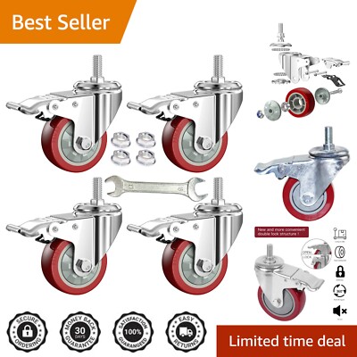 Durable 3-Inch Red PVC Stem Casters with Locking Brake - Up to 900 lbs Capacity