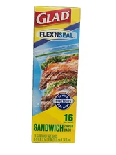2 Pack of  16 ct Glad FLEX N SEAL Sandwich Zipper Bags 16.8 cm 14.9 cm