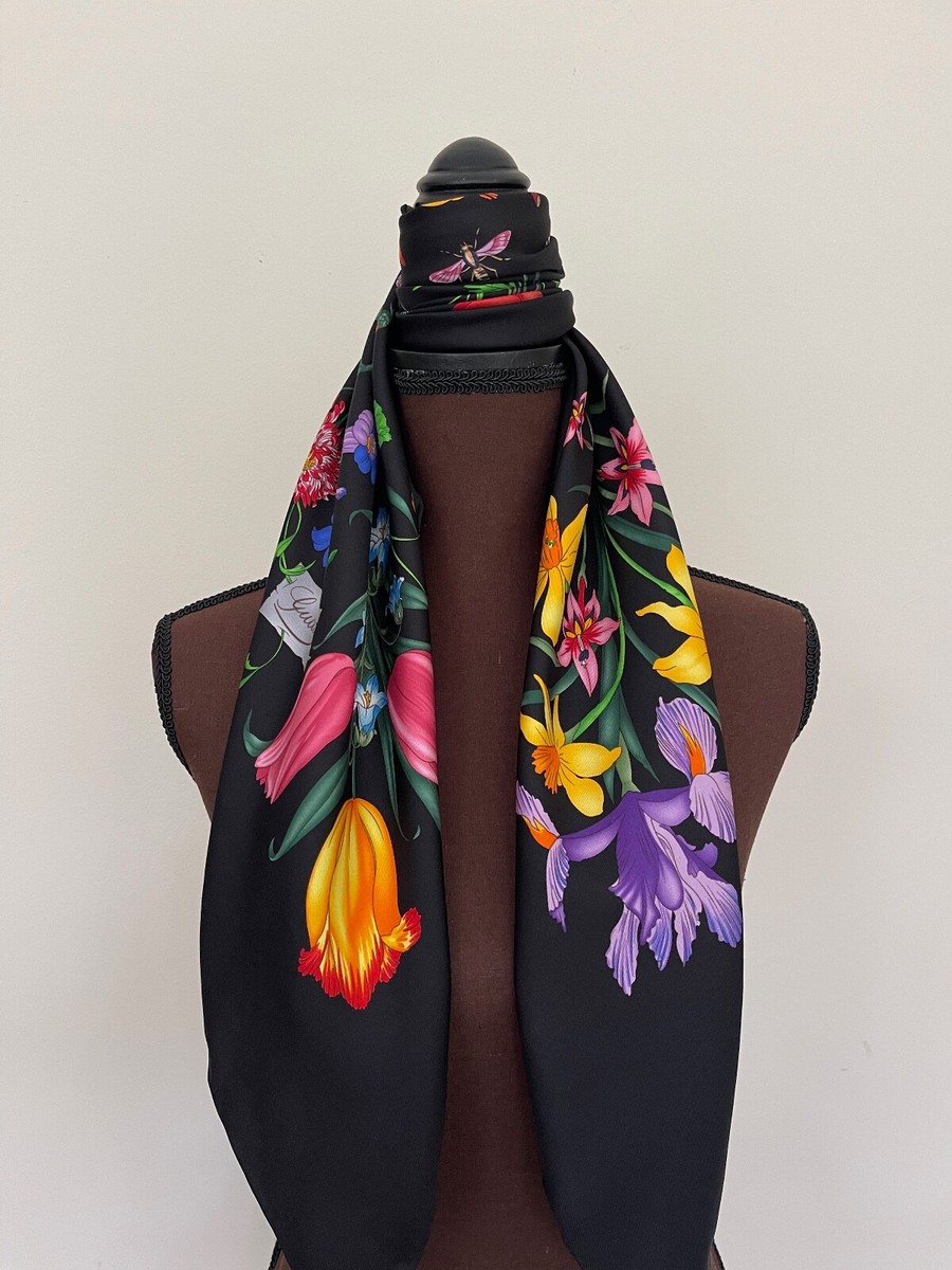 24AW new/GUCCI プリントシルクスカーフ Scarf Black New Gucci Scarf Flora Print Logo Black Multicolor Silk Wrap