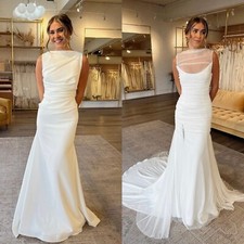 Mermaid Wedding Dresses Satin High Neck Sleeveless White Side Slit Bridal Gown