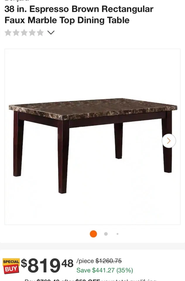 Mesa de comedor Benjara 60" L X 30" H, material marco madera asientos 4 tapa imitación mármol Foto 4 de 4