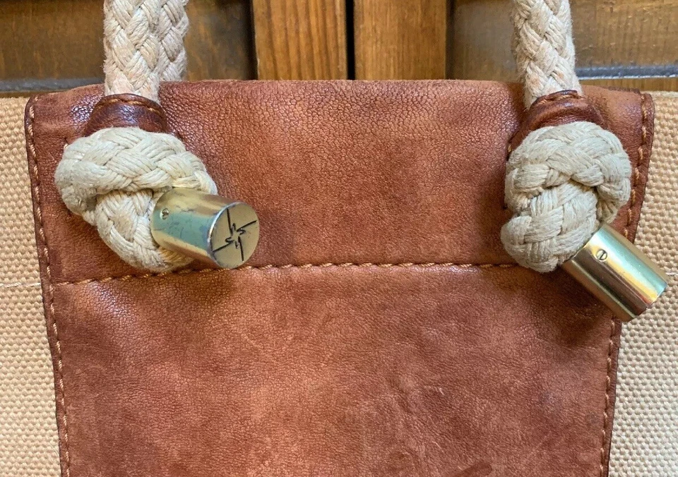 Nicole Miller Barco Y Bolso de Mano Lona Algodón Cuero Playa Marfil Marrón Foto 3 de 4