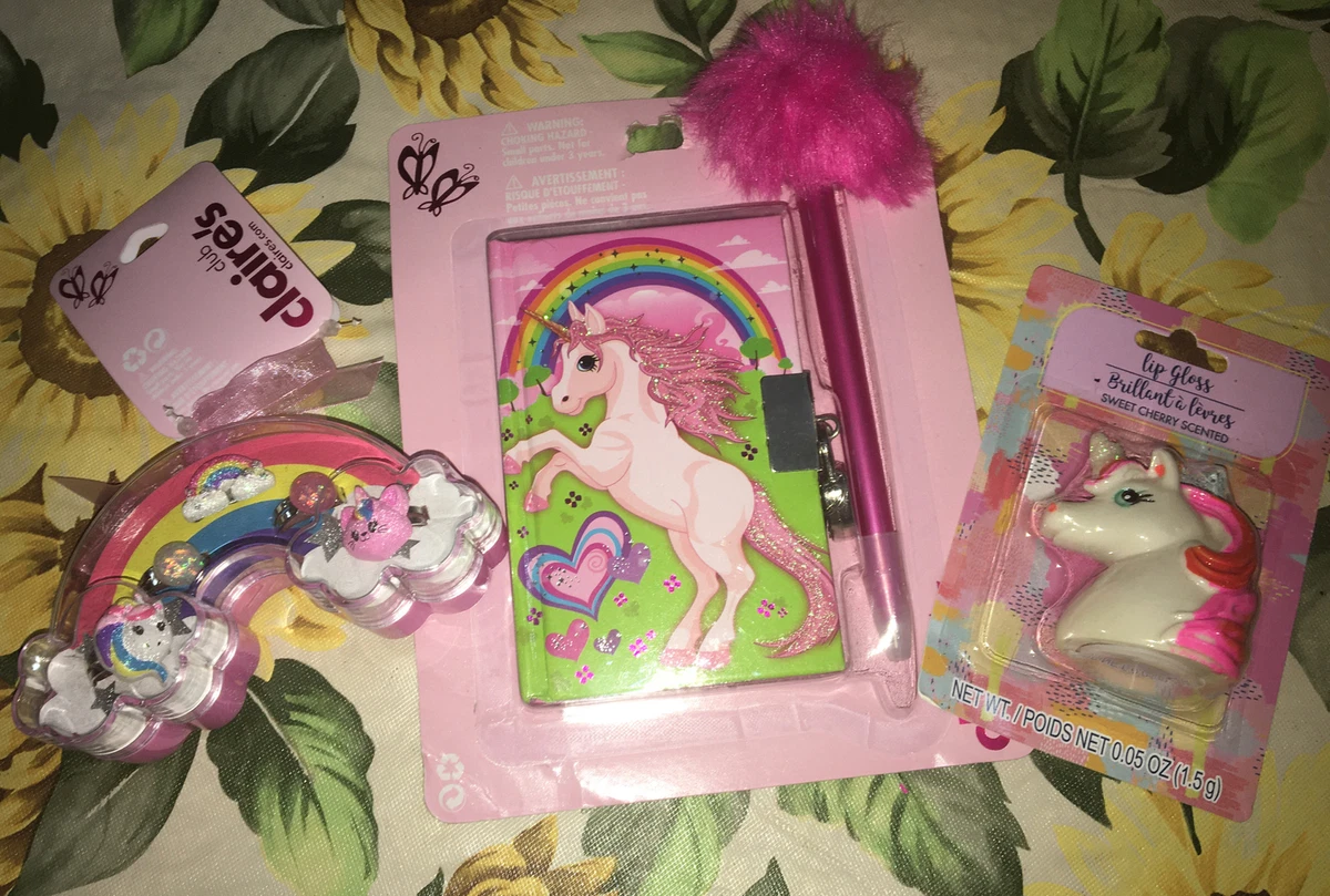 Claire s Unicorn Mini Diary Key Mood Necklace Ring Lipgloss Jewelry Lot
