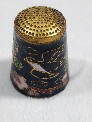 Vintage Cloisonne - Brass and Blue Enamel Thimble Bird and Flowers - Picture 2 of 4