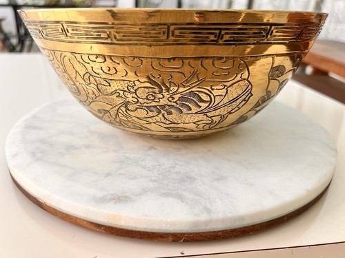 Chinese Brass Bowl Engraved Etched With Dragon Antique - Picture 6 of 18