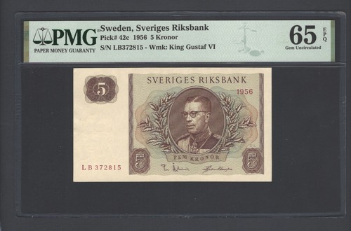 Sweden 5 Kronor 1956 P42c Uncirculated Grade 65