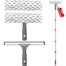 Extra Long Handle Window Squeegee - 12" Squeegee & Microfiber Scrubber, 2 Reu...