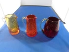 Set of 3 Small Blenko Crackle Glass Pitchers with  Applied Handles