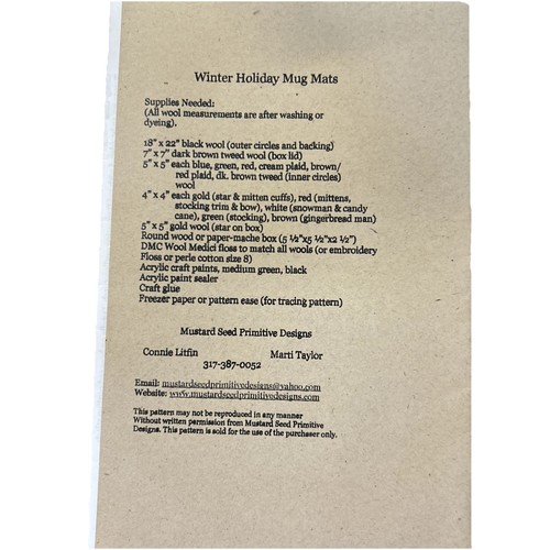 Mustard Seed Primitive Pattern For Winter Holiday Mug Mats #303a Christmas Craft - Picture 2 of 3