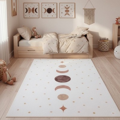 Kinderteppich Mondphasen für Kinderzimmer in Creme mit Skandi Boho Design