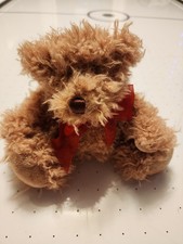 PIER 1 IMPORTS VINTAGE BROWN FUZZY TEDDY BEAR ANIMAL PLUSH TOY W/ RED BOW
