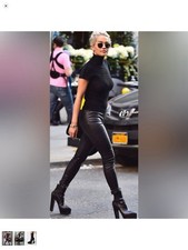 Women Leather Ankle Boots Pointy Toe Block Supper High Heels Stretched Platform 