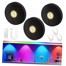 Rechargeable Puck Lights with Remote, 3 Pack 3-Pack Black-3 Color Temps-12RGB