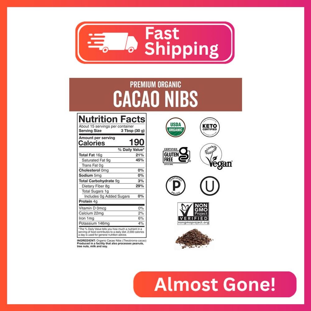 Viva Naturals Organic Cacao Nibs, Unsweetened, 1 LB (454 g), Keto Friendly, Vega