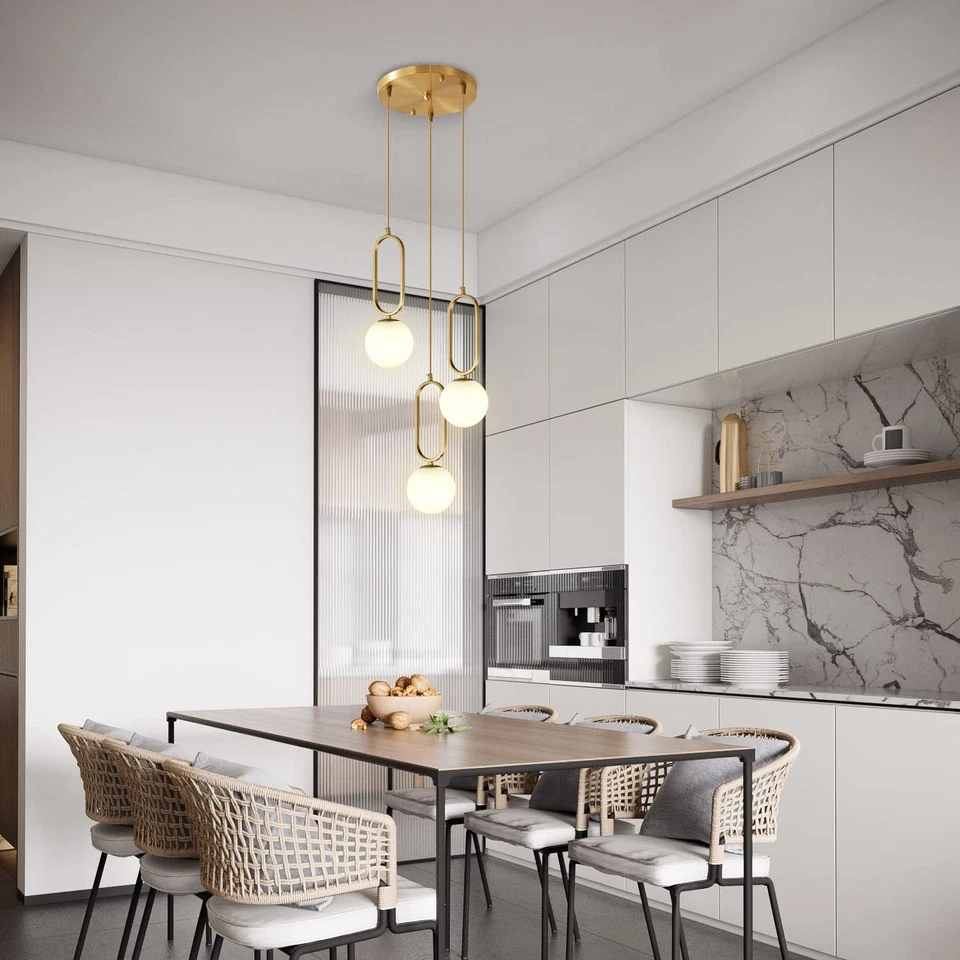 Lámpara colgante de vidrio globo de 3 luces, lámpara de techo de latón, colgante moderno de oro Li... Foto 4 de 4