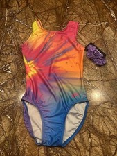 GK ELITE Girls Sz AS Gymnastics Leotard w/Scrunnci Pink/Blue/Multi Burst 