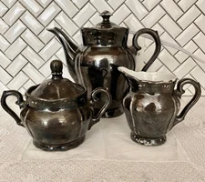 VTG. Dekor Feinsilber RW Bavaria Silver Porcelain 7" Tea Pot w/ Sugar & Creamer