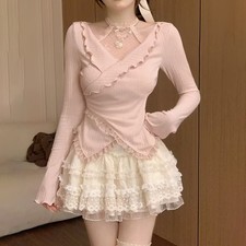 Japanese Sweet Girls 2pcs Dress Suit Top Shirts Ruffle Mini Skirts Lolita Preppy