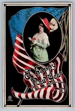 c1910's New Year Pretty Woman Big Hat Feather Patriotic Flag RPPC Photo Postcard