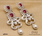 Opulent Red & CZ Dangle Earrings with Pearl Drop – Royal Elegance