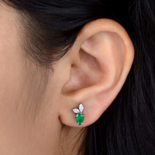 1.02 TCW Zambian Emerald Diamond Stud Leaf Earrings 10k White Solid Gold Jewelry - Picture 3 of 8