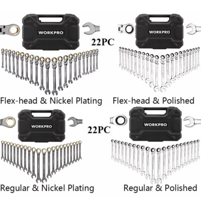 #ad WORKPRO 22PC Flex Head Ratcheting Regular Combination Wrench Set w Organizer Box $99.99