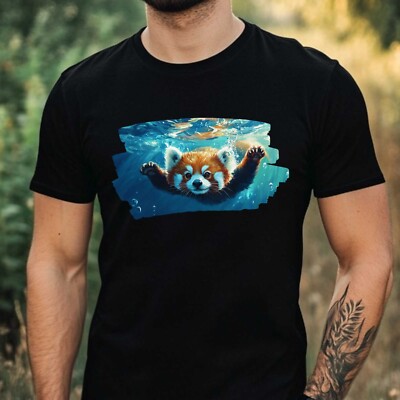 T-Shirt Herren Roter Panda Schwimmt im Ozean Motiv Baumwolle Größe XS bis 5XL