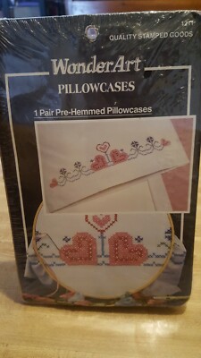 Beautiful unopened WonderArt Pillowcases 1 pair Pre-Hemmed Cross my Hearts #1211