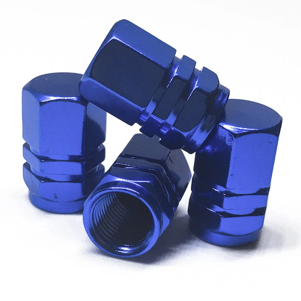 Juego de 4 tapones de válvula de neumático de aluminio universal con sello de anillo de goma con forma de hexágono azul Foto 3 de 4