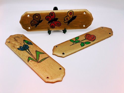 Vintage Three Ceramic Door Finger Plates Tiles Hand Painted Floral Butterfly The - Picture 2 of 12