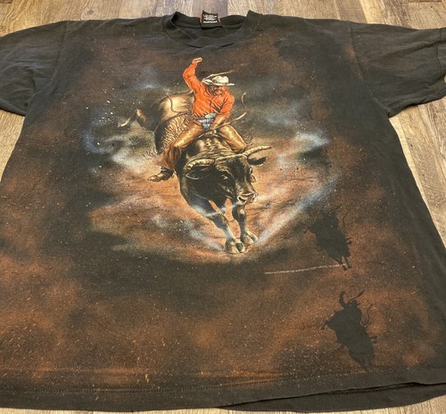 Vintage 3D Emblem Cowboy Rodeo Bull Rider 1980s Size XL USA All Over Print SS - Picture 2 of 12